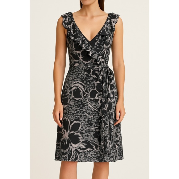 Suzi Chin Dress Wrap Ruffle V Neck Floral Print‎ Party Cocktail Black 14 - Picture 1 of 6